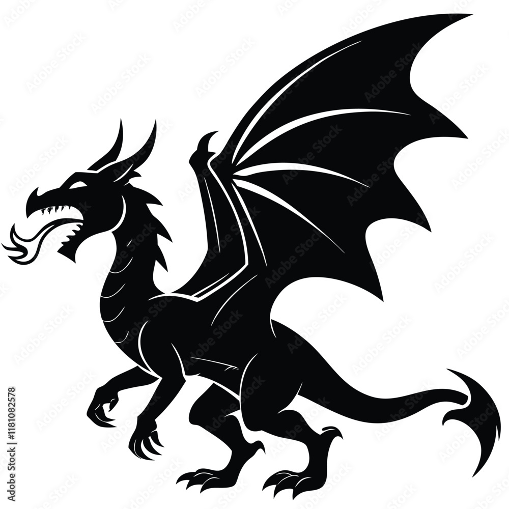 A fierce dragon breathing fire with detailed scales and wings, medieval fantasy vector design A fierce dragon breathing fire with detailed scales and wings, medieval fantasy vector design