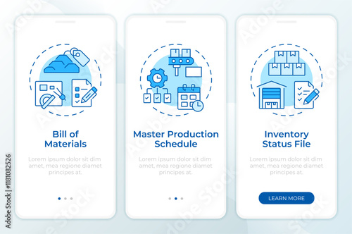 MRP input blue onboarding mobile app screen. Industry management. Walkthrough 3 steps editable graphic instructions with linear concepts. UI, UX, GUI template. Montserrat SemiBold, Regular fonts used