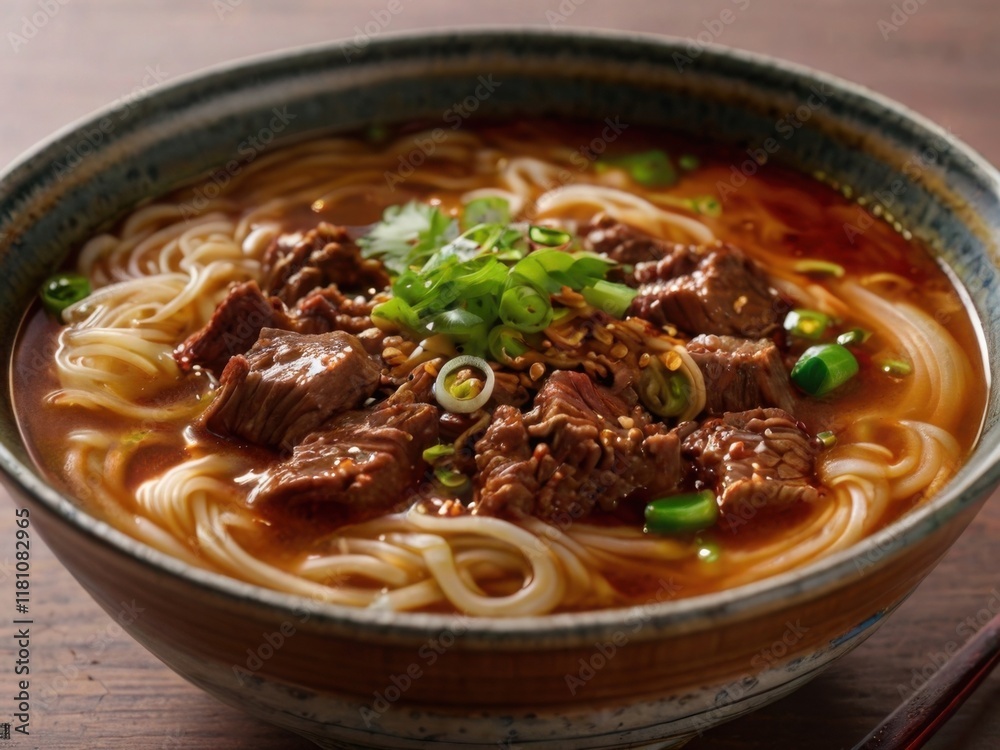 Traditional ramen with beef and green onions Traditional ramen with beef and green onions