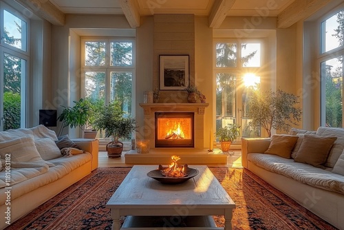 wide-angle view of beautifully furnished living room interior with a cozy fireplace in a new luxury home- bathed in warm glow of a sunny afternoon- showcases elegant design and spacious layout- while