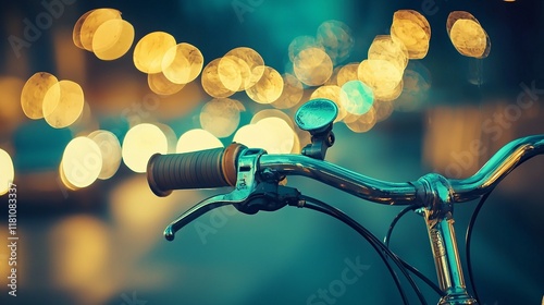 A close-up of a bicycle handlebar with blurred city lights in the background. photo