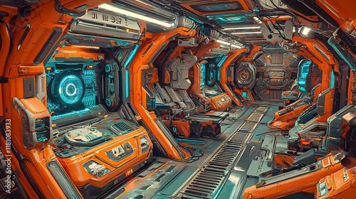 Fototapeta Naklejka Na Ścianę i Meble -  Futuristic Spaceship Corridor Interior Orange, Teal Tech, Empty Seats, Background Lights.