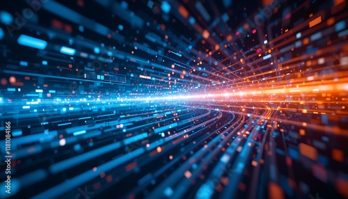 Abstract representation of technological speed and connectivity displayed through light trails in motion. Perfect for concepts of digital technology and futuristic designs.