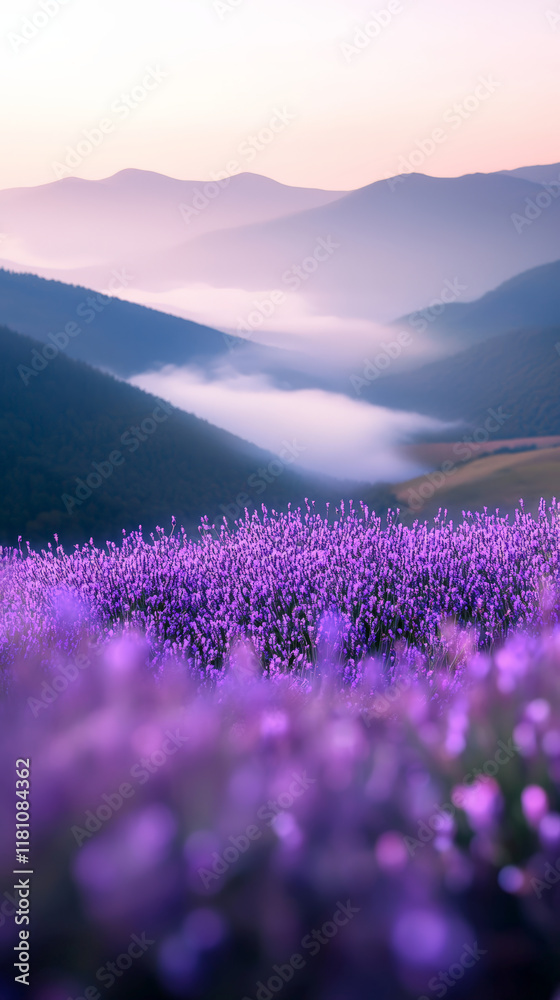 Fototapeta premium Lavender field with soft purple glow and misty mountains in background
