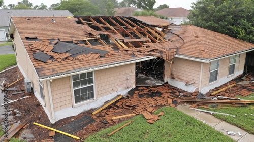 Aerial perspective of hurricane damaged home in florida  impact of natural disasters on communities