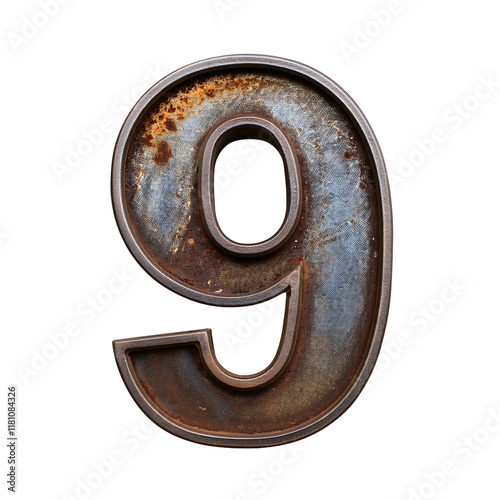3D Grunge Metal Number 9 Isolated on White Background, Cut Out
