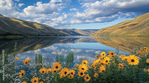 Serene Lake Reflection with Wildflowers