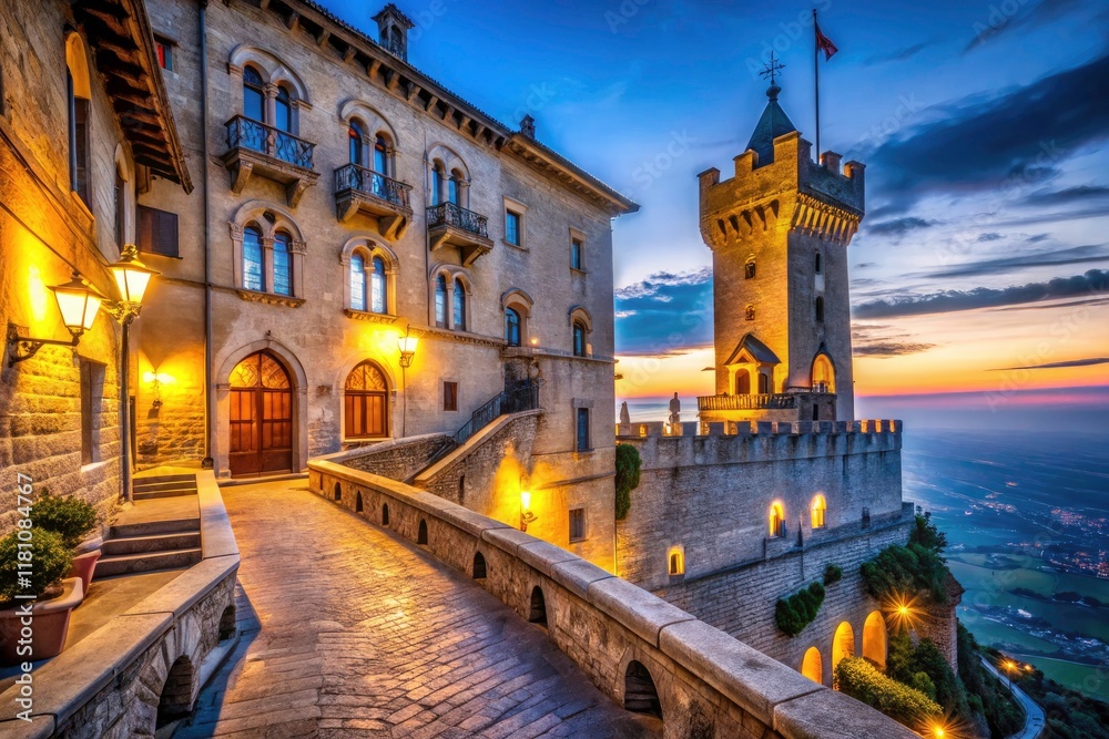 Fototapeta premium San Marino Palace Night Photography: Low Light Architectural Detail, Historic Building, Republic of San Marino, Dusk, Night Scene, Cityscape