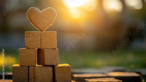 Heart on wooden block pyramid. Perfect for building relationship and love foundation concepts.