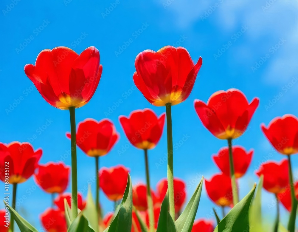tulips with rich green leaves and a warm abstract blue background tulips with rich green leaves and a warm abstract blue background