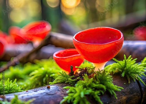 Scarlet Elf Cup Fungus (Sarcoscypha coccinea) Macro Photography, Leverkusen, Germany photo