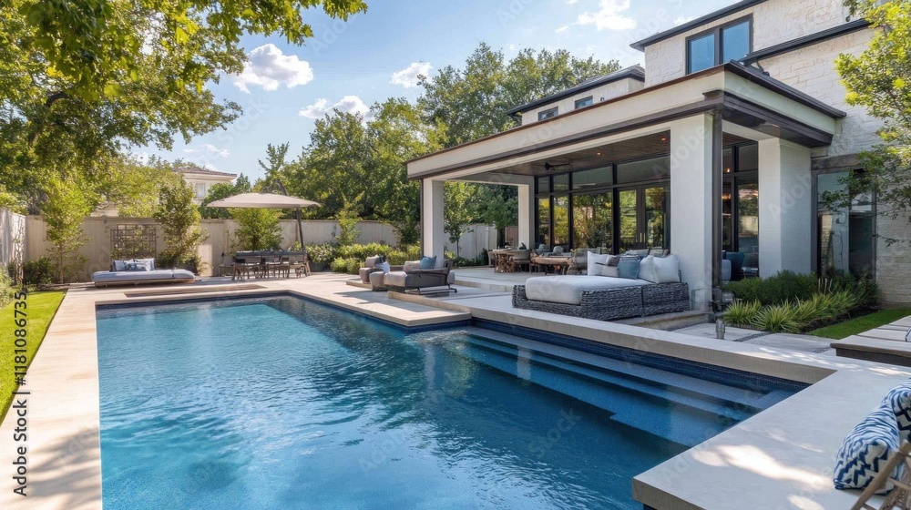 Fototapeta premium Modern luxury home with pool, patio, and lush landscaping.