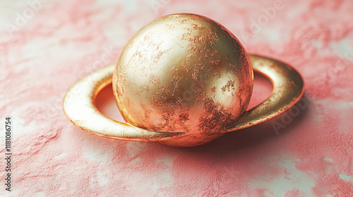 Gold planet sculpture on pink textured background, symbolizing universal unity for Women's Day photo