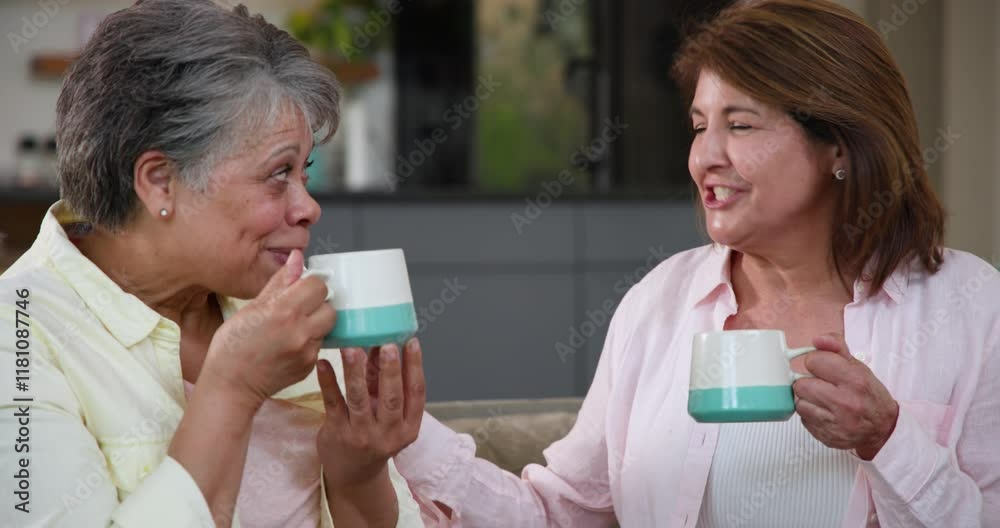 Senior women enjoying coffee together at home, sharing joyful conversation Senior women enjoying coffee together at home, sharing joyful conversation
