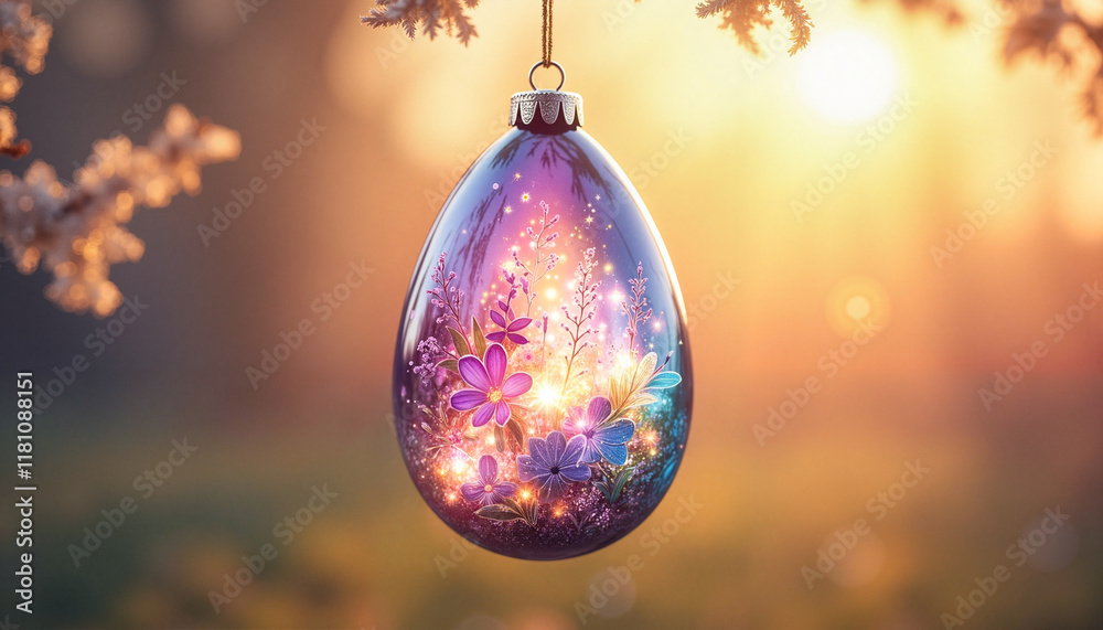 Fototapeta premium Ethereal Glass Ornament with Luminous Purple and Blue Floral Design for Springtime Decor