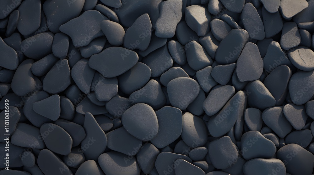 Close-up view of a pile of smooth, black stones, arranged in an organic formation that enhances the natural texture of the surface. Close-up view of a pile of smooth, black stones, arranged in an organic formation that enhances the natural texture of the surface.