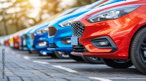 Outdoor parking lot featuring cars for sale and rental services in an automobile parking area photo