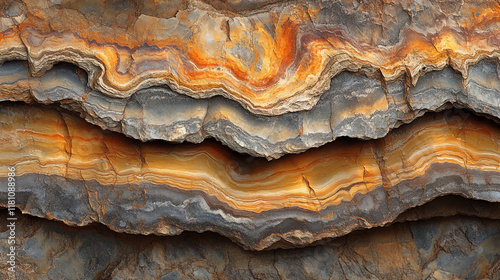 Marble stone layers displaying vibrant orange and gray patterns, natural mineral texture photo