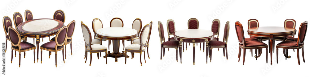 Fototapeta premium Elegant formal dining room interior featuring a luxurious wooden dining table with matching chairs arranged in a classic stylish setting for hosting meals and gatherings