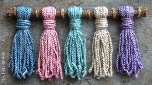 Five Pastel-Colored Yarn Tassels Wall Hanging: Handmade Home Decor, Boho Chic, Macrame Craft photo