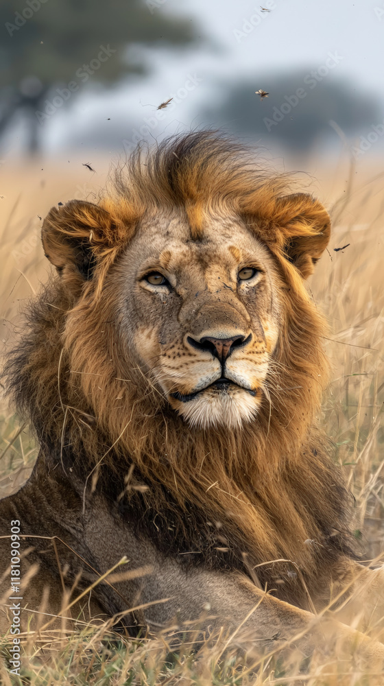 Fototapeta premium Majestic lion portrait with golden mane in savanna landscape