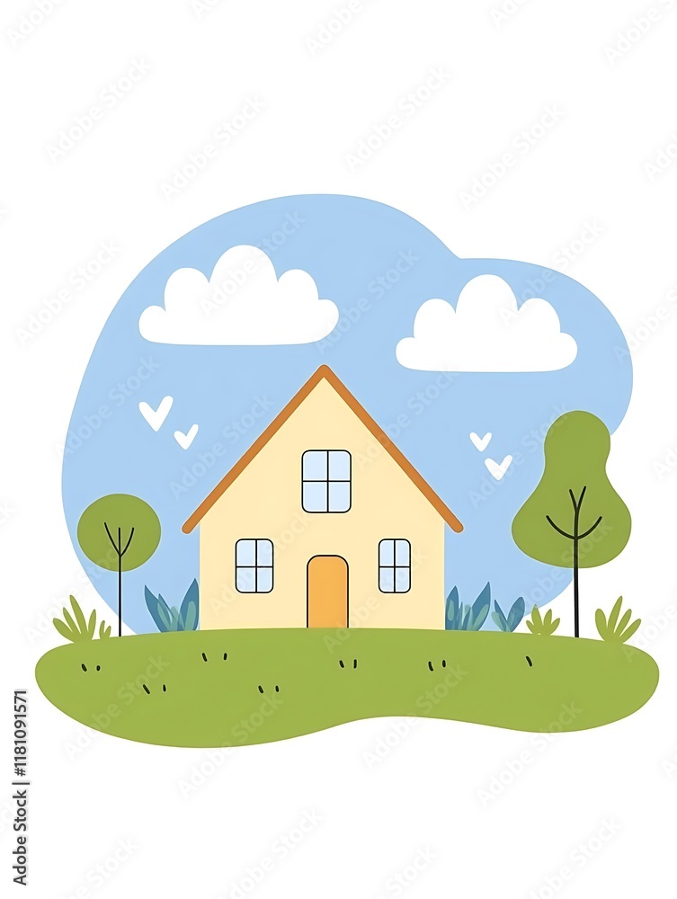 Charming Yellow House Surrounded by Lush Greenery and Blue Sky with Fluffy Clouds Charming Yellow House Surrounded by Lush Greenery and Blue Sky with Fluffy Clouds
