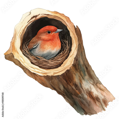 A watercolor drawing of a finch nesting in a hollow branch, isolated on a white background. Finch vector.
