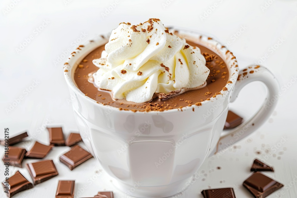 High Detail Image of Hot Chocolate with Whipped Cream in Mug Isolated on White High Detail Image of Hot Chocolate with Whipped Cream in Mug Isolated on White