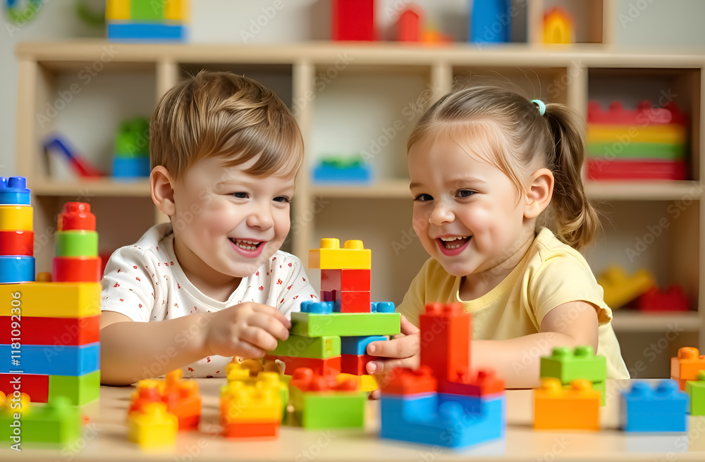 Children playing with colorful building blocks in a playroom. Children playing with colorful building blocks in a playroom.