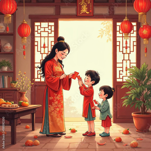 A vibrant illustration of a Lunar New Year celebration shows parents giving red envelopes to smiling children around a festive table, with red lanterns and couplets adding warmth and tradition.