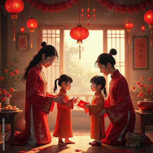 A vibrant illustration of a Lunar New Year celebration shows parents giving red envelopes to smiling children around a festive table, with red lanterns and couplets adding warmth and tradition.