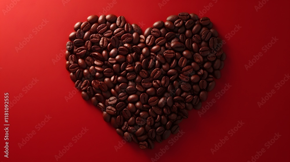 Coffee beans arranged in the shape of a heart on a red background Coffee beans arranged in the shape of a heart on a red background