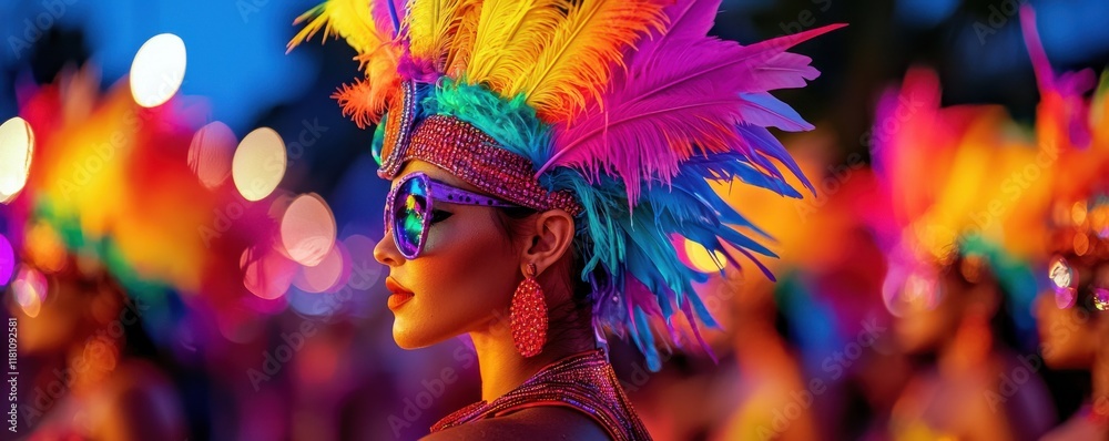 Fototapeta premium Radiance Gratification Celebration style. Vibrant carnival scene featuring a woman in colorful feathers and sunglasses.