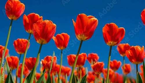 tulips with rich green leaves and a warm abstract blue background