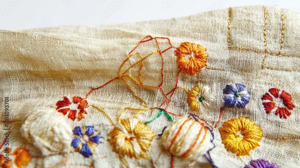 Linen fabric adorned with delicate embroidered patterns featuring flowers and eggs, showcasing a soft and homely aesthetic in intricate detail Linen fabric adorned with delicate embroidered patterns featuring flowers and eggs, showcasing a soft and homely aesthetic in intricate detail