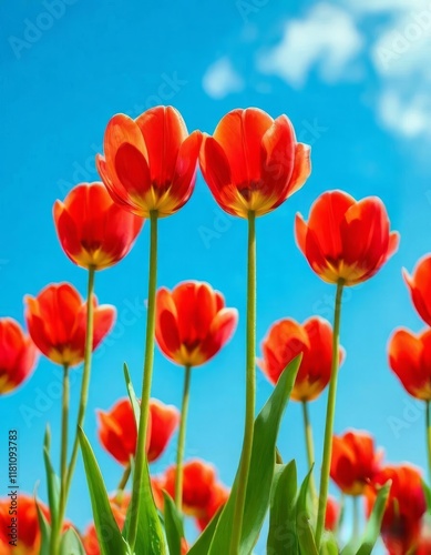 tulips with rich green leaves and a warm abstract blue background