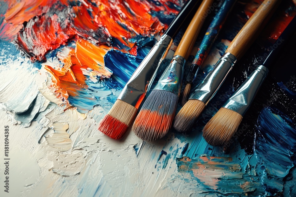 Fototapeta premium Painterly brushes resting on a vibrant, textured canvas of mixed oil paints.