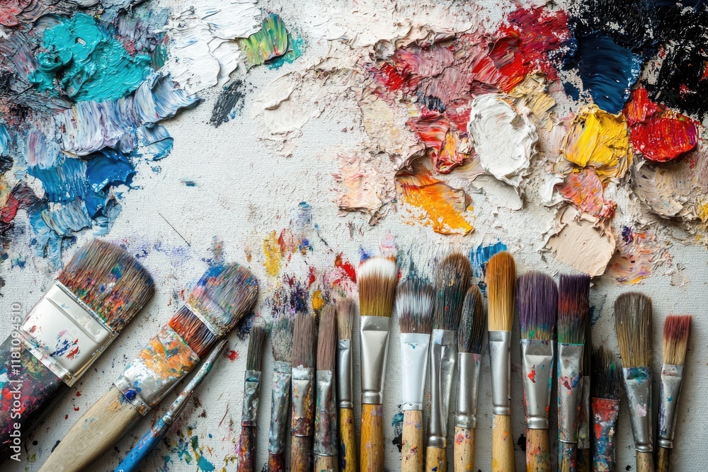 Obraz premium A painter's palette with colorful oil paints and used brushes.