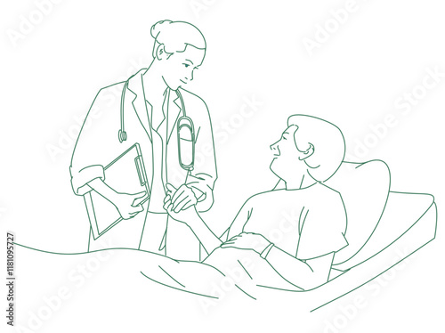 Doctor and senior patient talking in hospital room