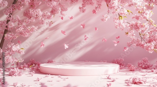 3D Empty podium background with cherry blossom,Spring welcome, decorative trendy for sale,pedestal,Fall sale advertising banner,sakura,seasonal marketing materials,templateVector illustration. photo