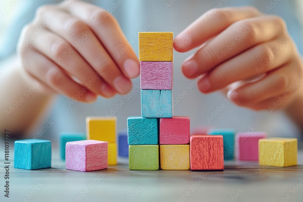 Hands carefully stacking colorful wooden blocks, symbolizing growth, strategy, and planning. Hands carefully stacking colorful wooden blocks, symbolizing growth, strategy, and planning.