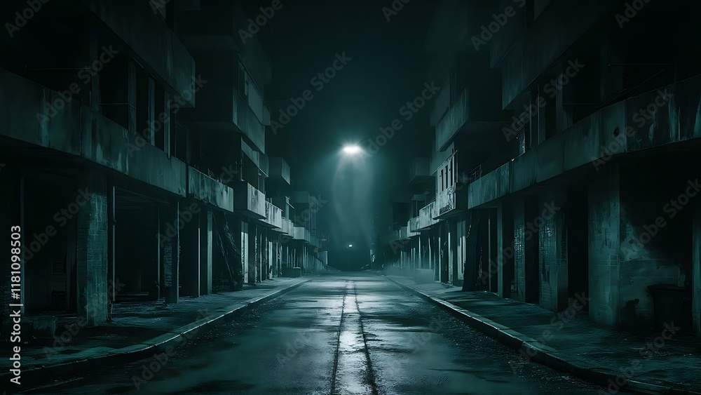 Fototapeta premium Empty darkness in a old grunge dirty street in the middle of night