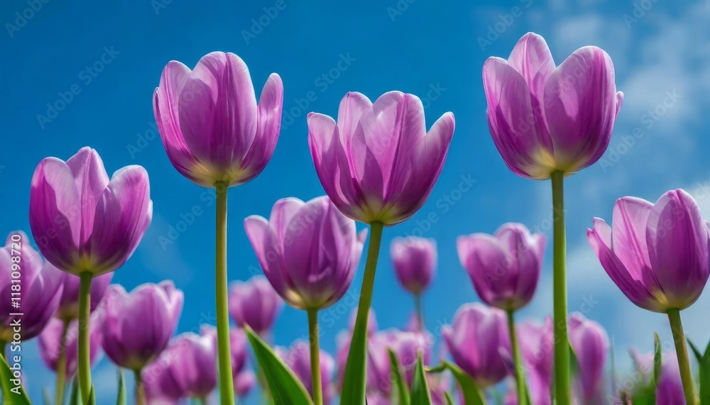 Fototapeta premium tulips with rich green leaves and a warm abstract blue background