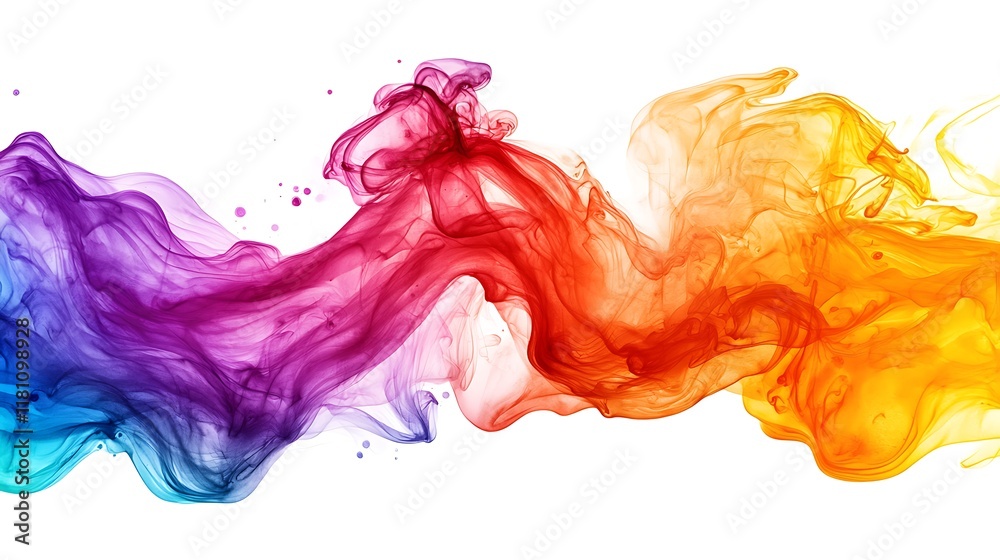 Fototapeta premium A vibrant swirl of colorful smoke or ink, blending hues of purple, blue, red, orange, and yellow against a white background.