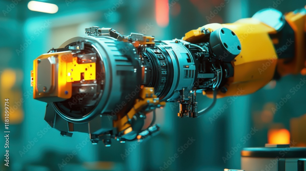 Modern Robotic Arm in Precision Motion at Assembly Plant Modern Robotic Arm in Precision Motion at Assembly Plant