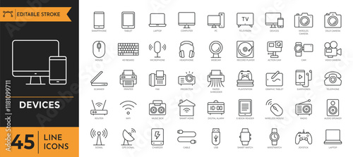Devices icon set. Containing Gadget, technology, mobile, computer, tablet and more. Vector illustration