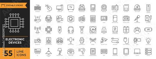 Electronic Devices icon set. containing Computer, Microchip, Power Bank, Graphic Tablet, Telephone, Cctv Camera, and more. vector illustration