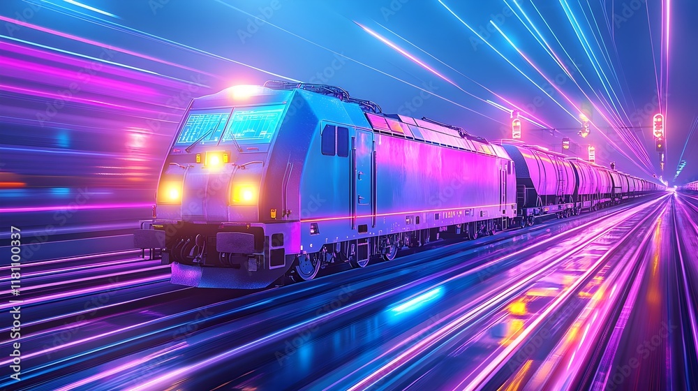 Naklejka premium neon freight train speed motion blur - neon