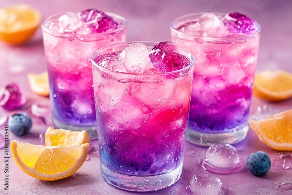 Brightly colored drinks with ice cubes and layers of purple and pink sit on a table surrounded by lemon and berry slices. This refreshing setup is perfect for summer gatherings Brightly colored drinks with ice cubes and layers of purple and pink sit on a table surrounded by lemon and berry slices. This refreshing setup is perfect for summer gatherings