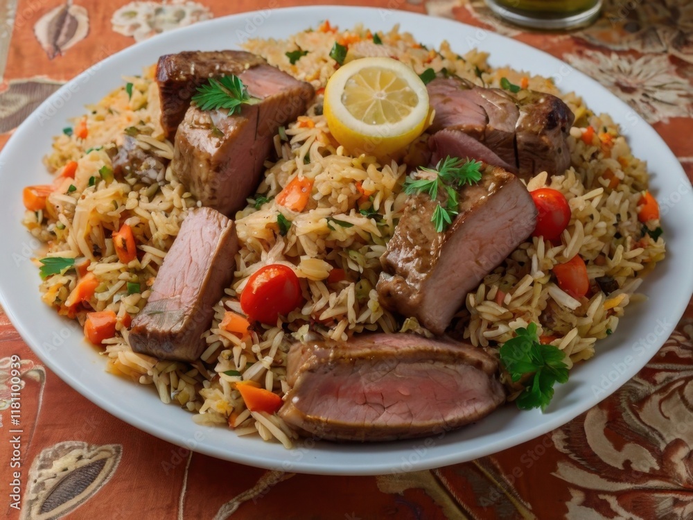 Roast duck breast with rice and vegetables on a white plate Roast duck breast with rice and vegetables on a white plate